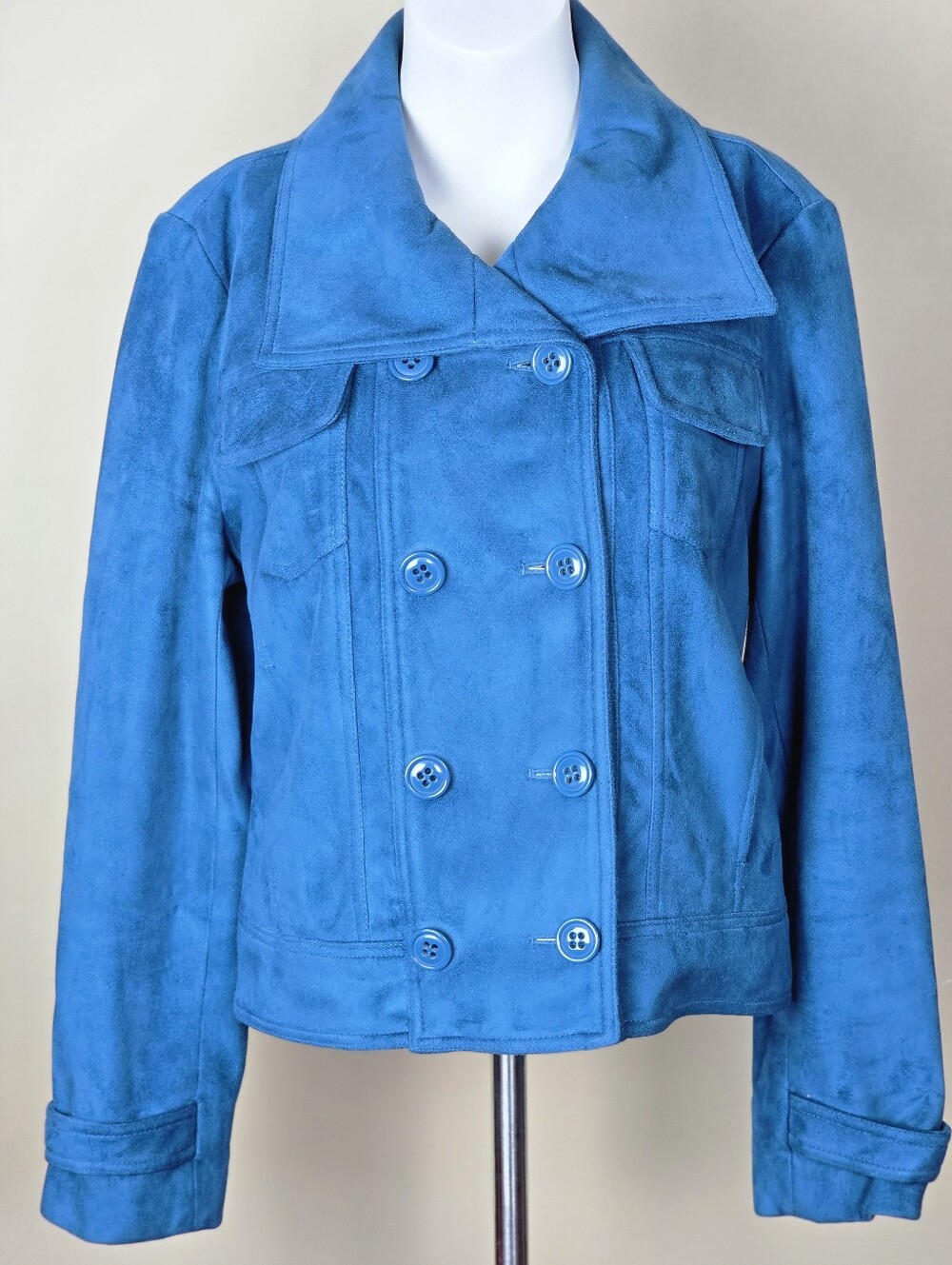 Sz L Vintage Nine & Co. Blue Faux Suede Double Breasted Collared Coat